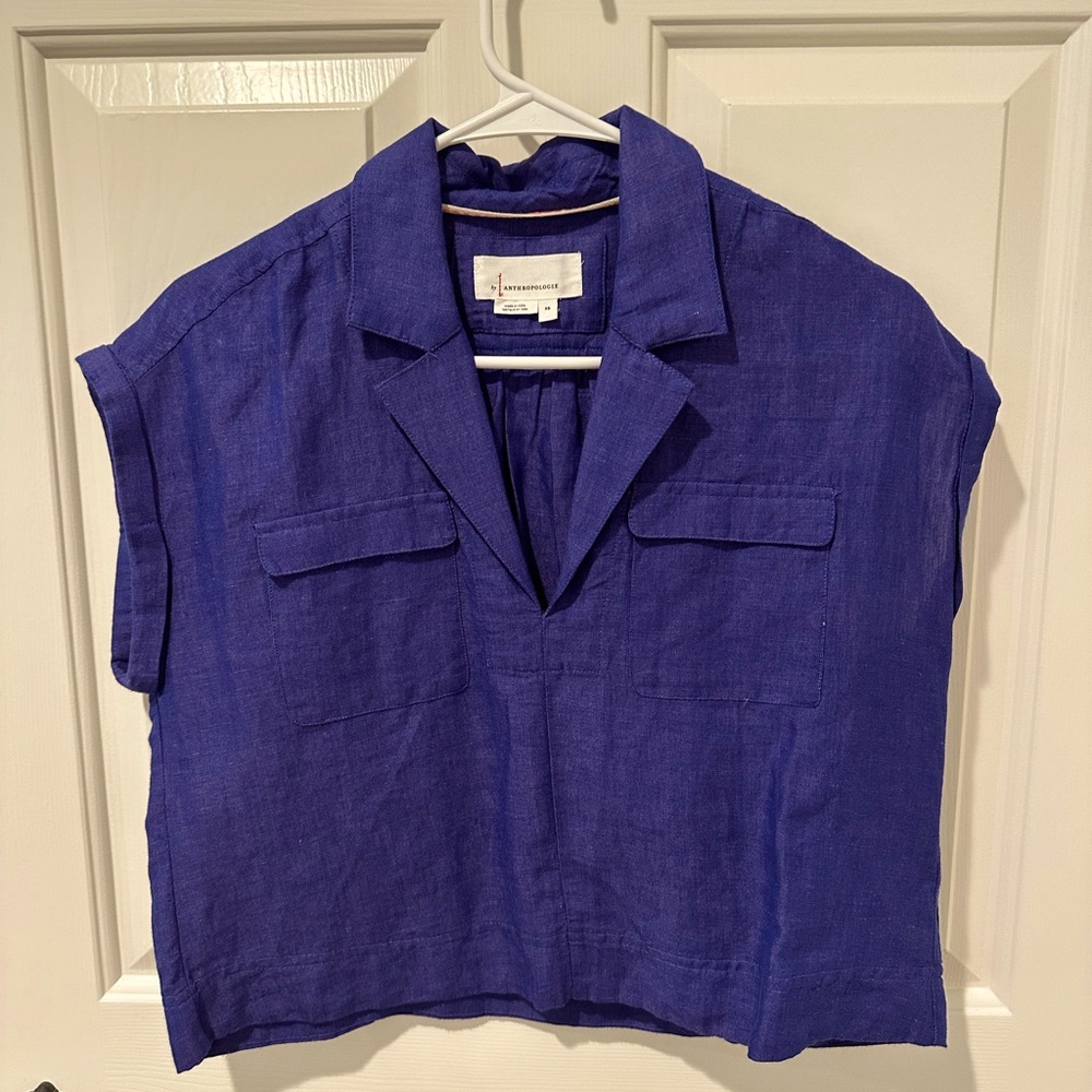 Anthropologie Linen Blend Cobalt Blue Cropped Utility Pocket Pullover size XS